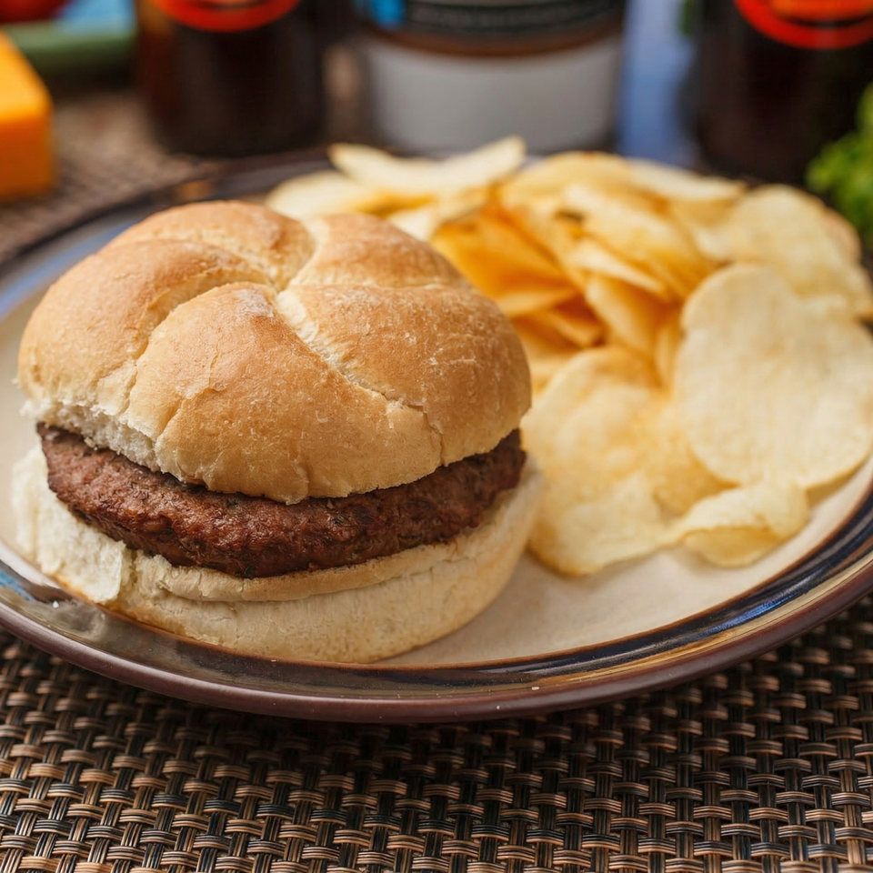 A charbroiled steak burger on a bun with a side of potato chips on a plate.