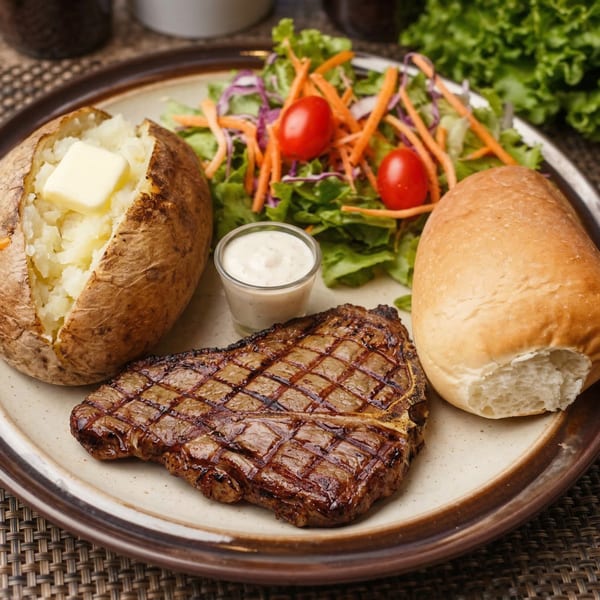 Charbroiled steak with a baked potato, side salad, bread roll, and ranch dressing on a plate.