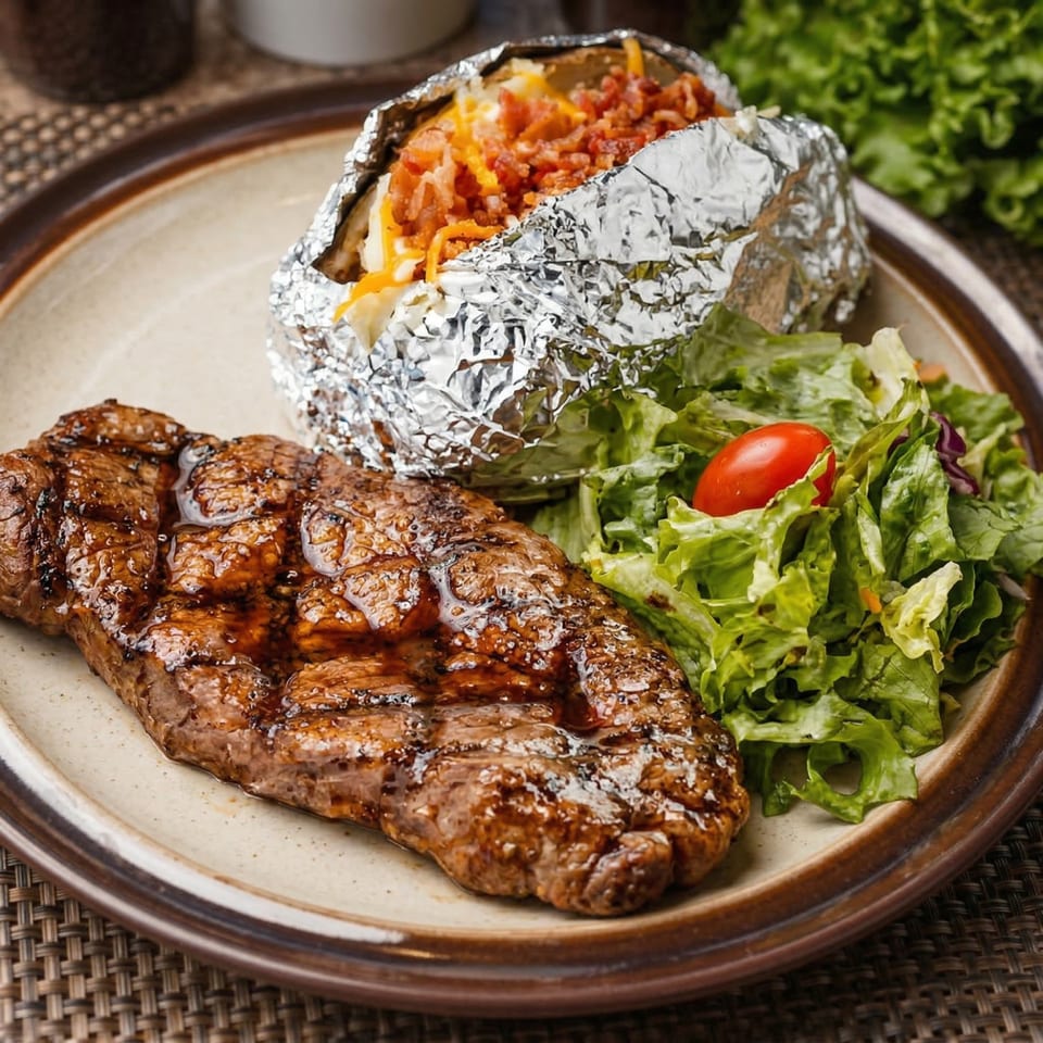A Steak-Out charbroiled steak, foil-wrapped baked potato with toppings, and a side salad on a plate.