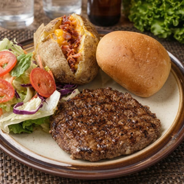 Charbroiled steak patty with a loaded baked potato, side salad, and dinner roll on a plate.