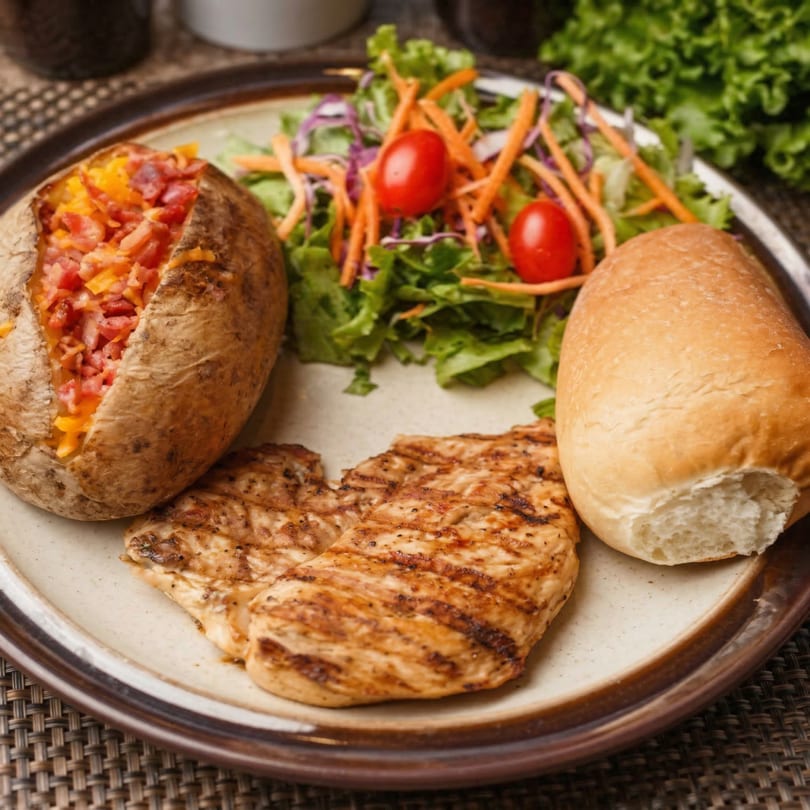 Grilled chicken breast, baked potato with cheese and bacon, side salad, and a bread roll.